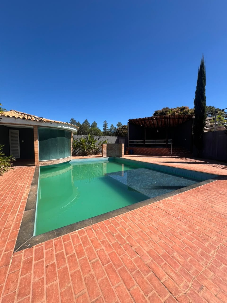 Piscina em área externa cercada por vegetação e deck de tijolos